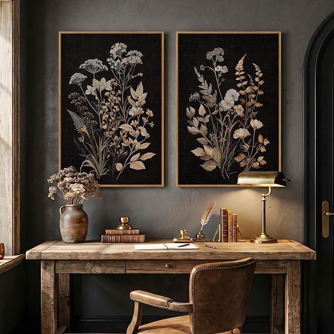 Large Framed Vintage Botanical Wall Art Set of 2, Neutral Farmhouse Moody Floral Canvas Painting Prints, Rustic Dark Academia Flower Pictures for Living Room Bedroom Kitchen Wall Decor, 24x36 Inch