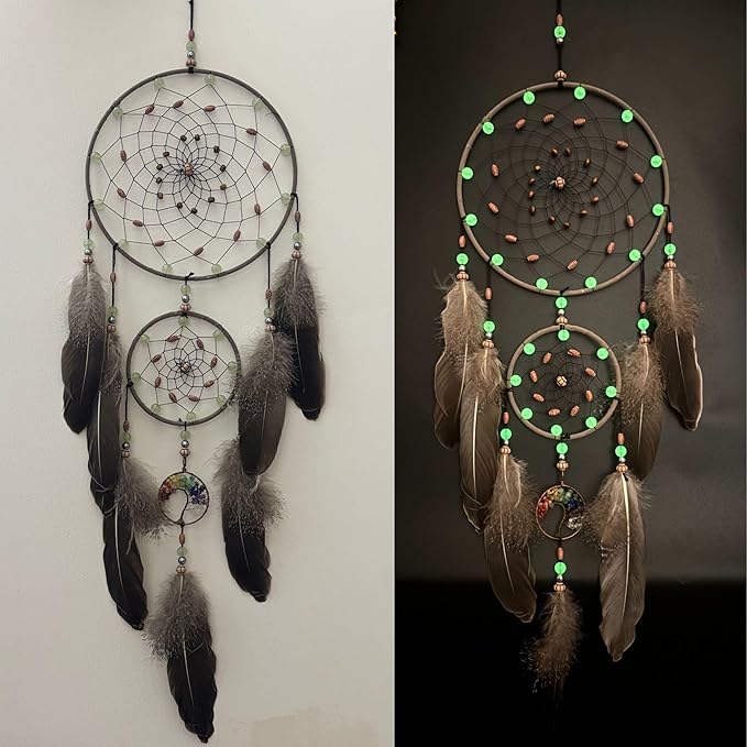 Dream Catchers for Adults with Luminous Beads Dream Catcher with 7 Chakra Handmade Wall Decor with Native Feather Hanging Ornament for Bedroom Brown