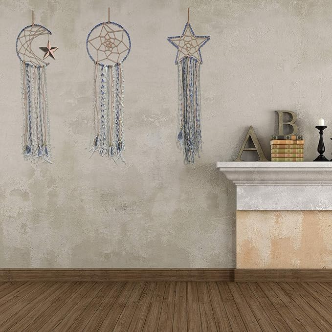 Jetec 3 Pieces Blue Dream Catcher Star Moon Sun Handmade Feather Dreamcatcher Wall Decor for Bedroom Nursery Wall Hanging Home Spring Decoration Festival Gift