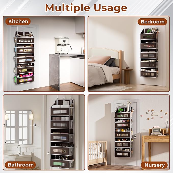 2 Packs 5-Tier Over the Door Storage Organizer with 10 Side Mesh Pockets, 48 lbs Load Capacity, 3 Hooks Design, Hanging Organizer with Clear Windows for Bathroom, Bedroom, Nursery, Kitchen-Brown