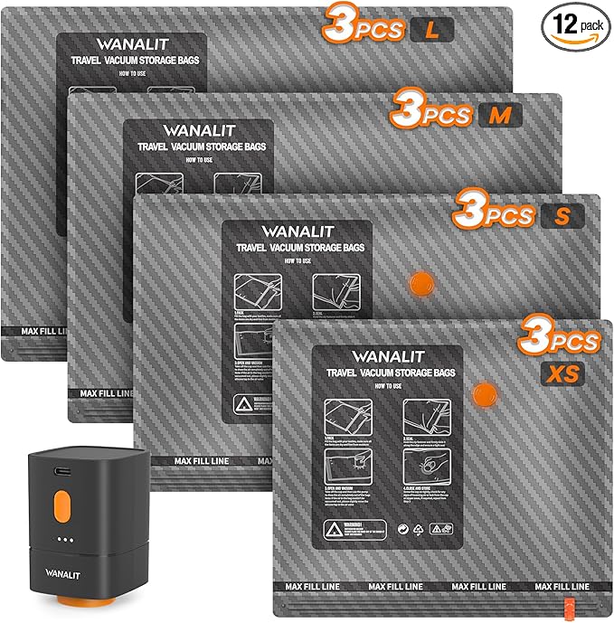 Travel Vacuum Storage Bags with Wireless Rechargeable Electric Pump, 12 Pack Travel Essentials Vacuum Seal Bags for Clothing, Space Saver Compression Packing Bags for Luggage, Suitcase, Backpack, Home