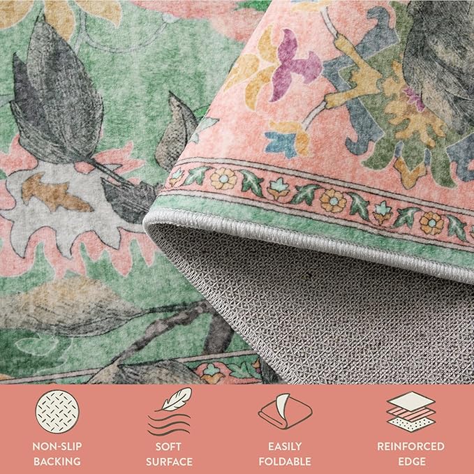 Lahome Botanical Birds Pink Rugs for Bedroom Girls, 5x7 Washable Living Room Dining Room Rugs for Under Table, Vintage Indoor Carpet Throw Nursery Carpet for Kids Classroom (5x7ft,Pink)