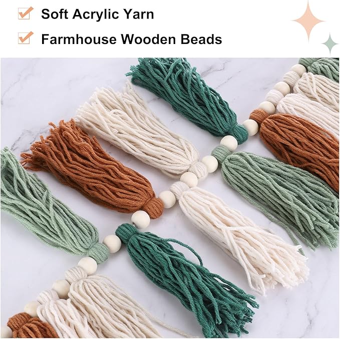 MECCANIXITY Bohemian Yarn Tassel Garland with Wood Beads,3.9Ft Green Brown Cream Beige Forest Wall Hanging Tassels Banner Western Room Decor for Bedroom Office Nursery Party Decorations