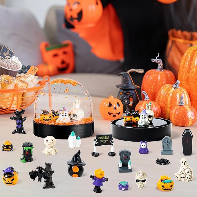 Halloween Snow Globe Craft Kit - 8 Set DIY Plastic Snow Globe Craft with Mini Resin Ghost Haunted House, Make Your Own Party Decor with Glitter for Classroom Activity Gifts (Halloween)