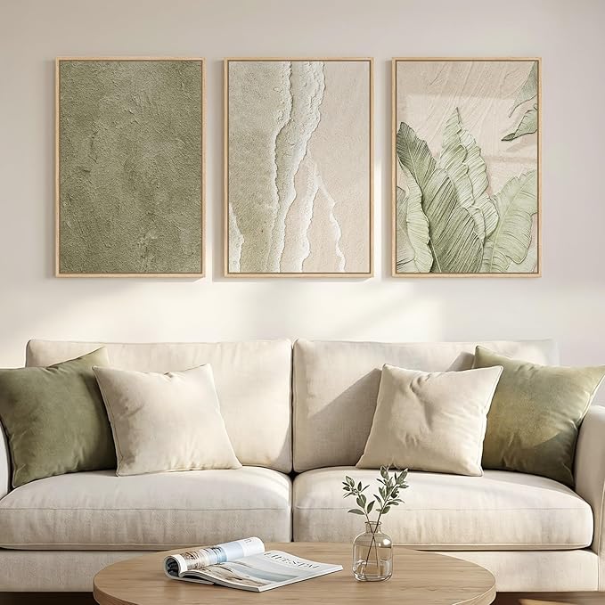 Framed Abstract Sage Green 3 Piece Wall Art for Living Room, Modern Neutral Waves Botanical Canvas Artwork for Walls, Minimalist Wabi Sabi Rustic Nature Print Wall Decor for Bedroom Office, 16x24 Inch