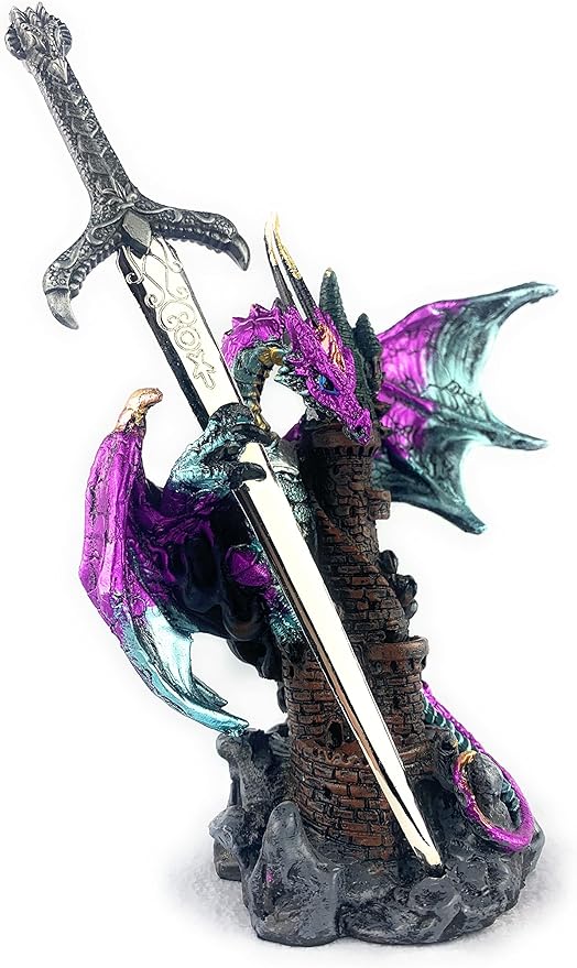 Ain't it Nice Dragon Statue Purple with Medieval Dragon Sword and Crystal Ball Protecting A Castle Collectible Dragon Figurine Fantasy Medieval Dragon Décor, 4.5(L) 2(W) 6.5(H) inches, 71980