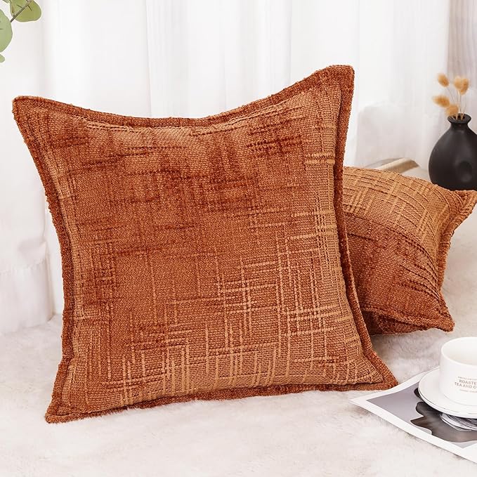 HPUK Chenille Throw Pillow Covers 18x18 Set of 2, Soft Textured Decorative Pillow Covers for Couch Sofa Living Room Bedroom, Orange