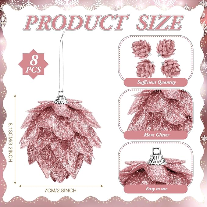 Jetec 8 Pieces Christmas Ornaments Glitter Christmas Tree Hanging Decoration Decorative Artificial Pine Cones Flowers Hanging Ornaments for Winter Wreath Holiday Decor(Rose Gold)