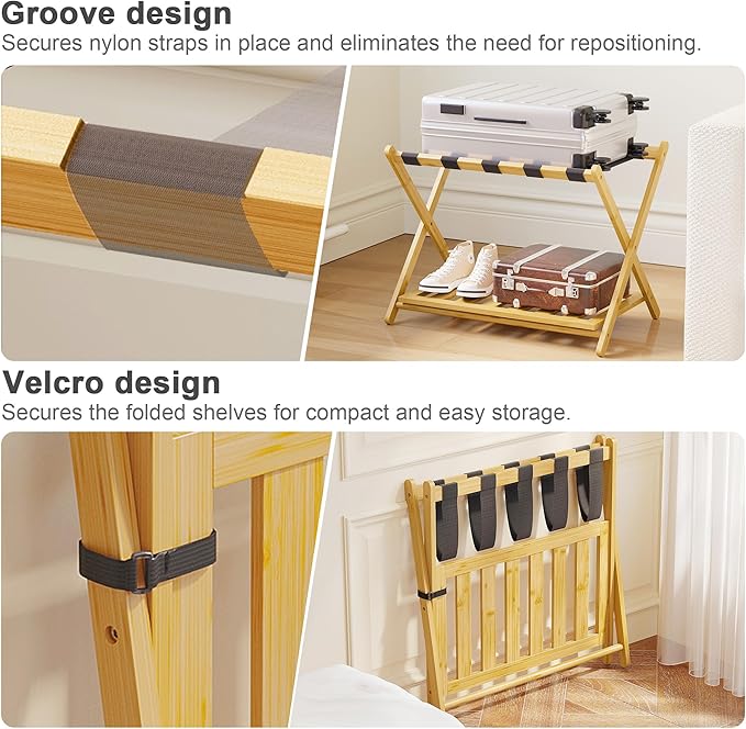 Full Assembled Luggage Rack Set of 2, Bamboo Luggage Holder Rack for Guest Room, 26.77" L Folding Suitcase Stand with 5 Nylon Straps & Storage Shelf for Bedroom Hotel (2 Pack - Natural)