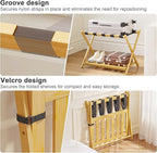Full Assembled Luggage Rack Set of 2, Bamboo Luggage Holder Rack for Guest Room, 26.77" L Folding Suitcase Stand with 5 Nylon Straps & Storage Shelf for Bedroom Hotel (2 Pack - Natural)