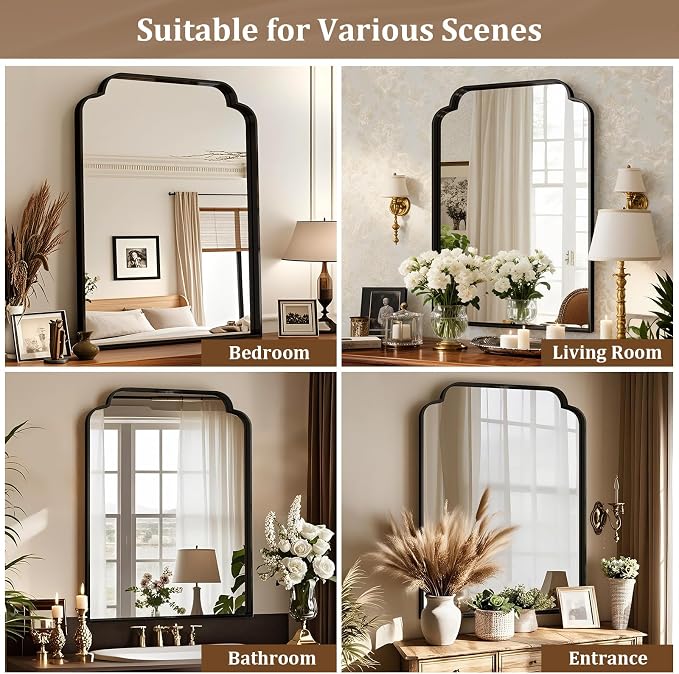20X30 Inch Black Bathroom Mirror for Wall, Modern Rounded Corner Rectangle Mirror with Non-Rusting Iron Metal Framed Bathroom Vanity Mirror for Over Sink Wall Decor