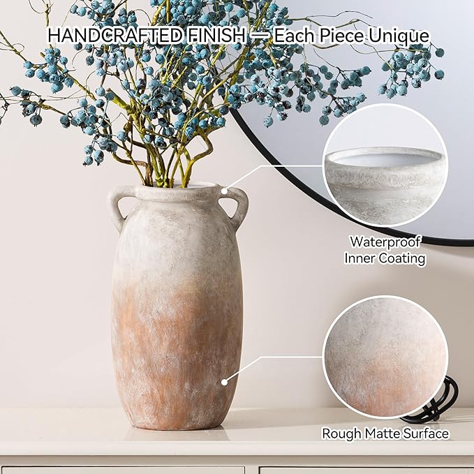 Ceramic Flower Vase 12 inch Farmhouse Rustic Vase Decorative Pottery Terracotta Tall Vases for Home Decor Table Mantle Fireplace Living Room Bathroom Wedding Centerpiece (Large-Aged Terra)