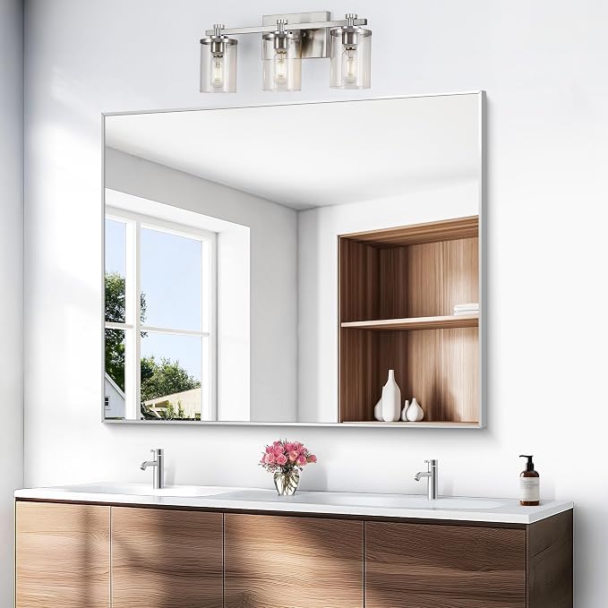 BONEWEI Silver Bathroom Mirror,40x48 inch Wall Mirror for Bathroom Wall Mounted,Large Rectangle Mirror for Bathroom Over Sink,Modern Metal Frame for Living Room,Bedroom Entryway,Horizontal/Vertical
