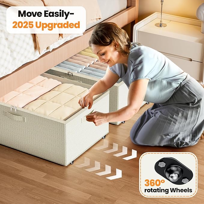 Dayacoco Underbed Storage with Wheels, 2 Pack Under Bed Storage Containers with Clear Lids, No Assembly Required 10.1 inch Rolling Under Bed Storage for Clothes, Beige