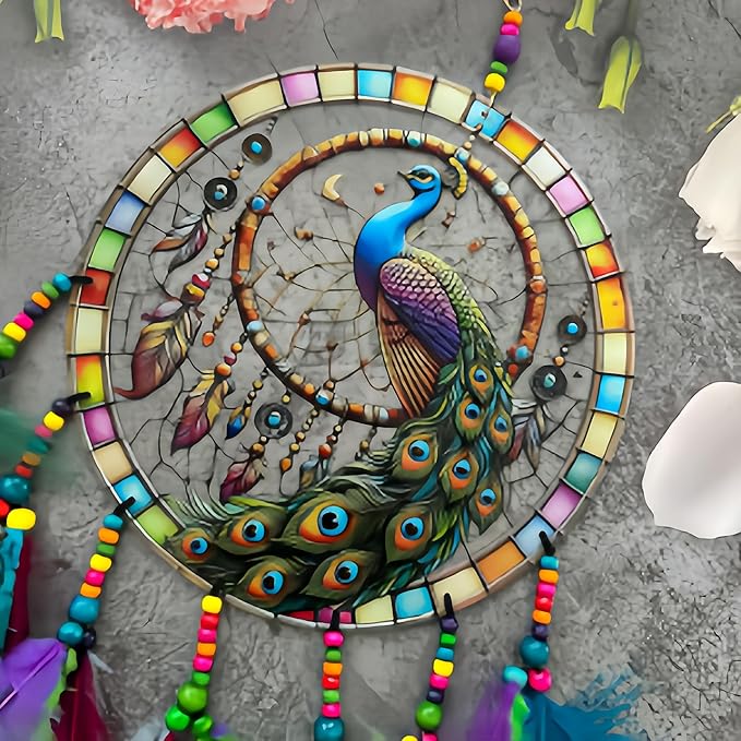 Dream Catcher Wall Hanging Decor for Bedroom Aesthetic, Handmade Traditional Wall Art with Feathers for Living Room, Nursery, Good Vibes Gift for Women,Girls,Home Decoration Wedding Party (Peacock)