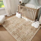 Washable 3x5 Entryway Rug, Boho Non-Slip Vintage Distress Small Rugs for Kitchen Nursery Office Bedroom, 0.3" Neutral Oriental Throw Thin Carpet with Cushioning Pad, Brown/White/Multi