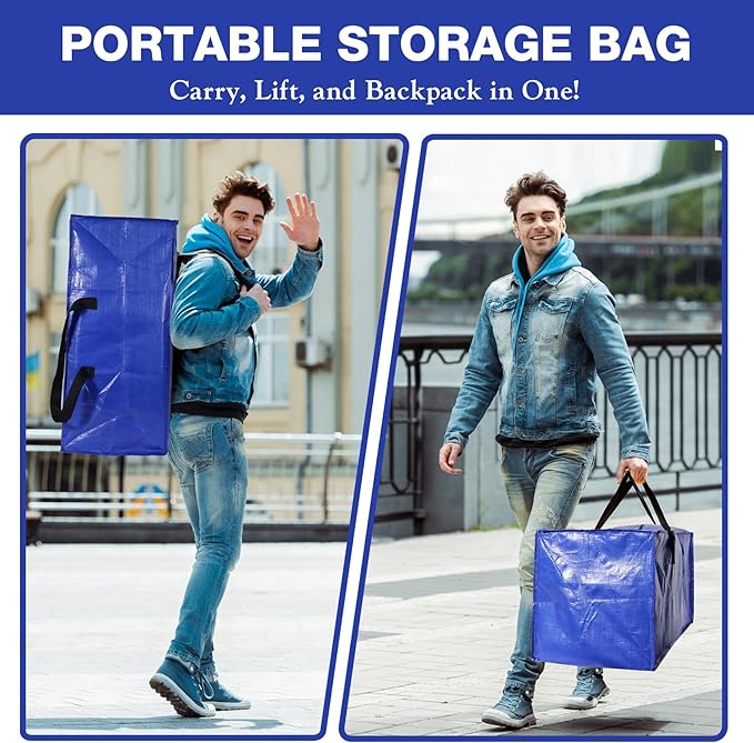 6 Pack Moving Bags Heavy Duty Extra Large Storage Bags with Zippers, Handles, Backpack Straps Packing Bag for Moving College Dorm Room Essentials, Camping, Travel, Clothes 93 L 25 Gallons (Blue)