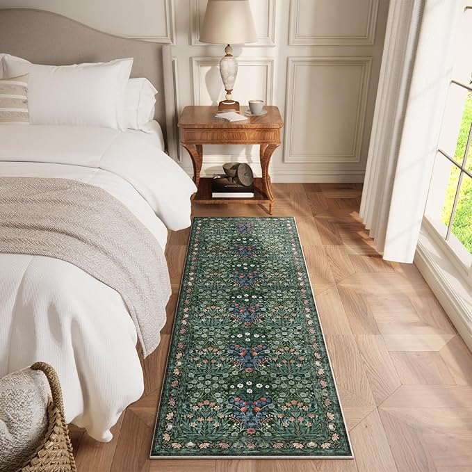 Non-Slip Washable Runner Rug for Hallways, 2x6 Ultra-Thin Floral, Boho Soft Forest Green Carpet for Kitchen, Bathroom & Laundry Room