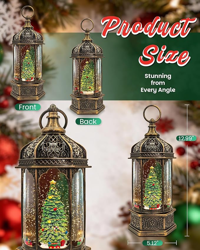 Large Christmas Snow Globes Light up Lantern with 8 Songs, 13" Christmas Tree & Rotating Train Snow Globe for Kids Adults, 6H Timer Dual Power, Snowglobes Christmas Decorations Indoor Gifts Women Men