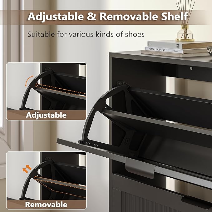 Shoe Cabinet for Entryway with 3 Flip Drawers, Slim Wooden Shoe Storage Organizer with Modern Fluted Pannel，Freestanding Narrow Hidden Shoe Rack for Hallway, Foyer, Living Room