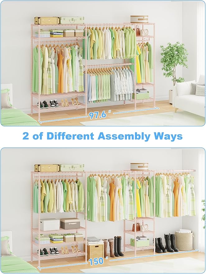 Ulif E11 Heavy-Duty Garment Rack, Metal Freestanding Clothes Rack and Closet Storage Organizer System with 8 Shelves and 4 Hanger Rods, (73.2-97.6)" W x 14.5" D x 71.2" H, Load 1034 LBS, Pink