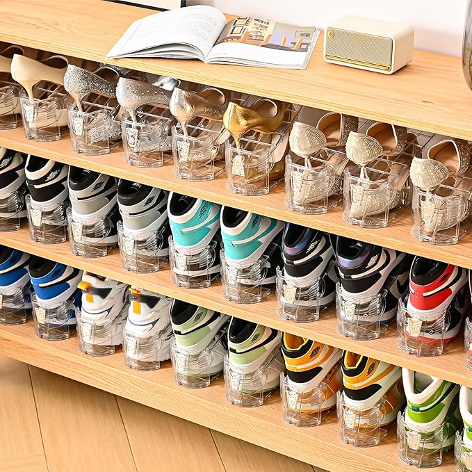 Shoe Slots Organizer,Elephant Shoe Rack Stable and Thick,Clear Shoe Stacker with 3 Adjustable Level for Sneakers Display (Transparent - Silver, 12Pack)
