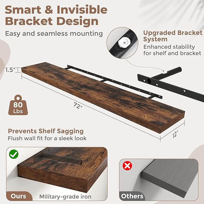 72 Inch Long Floating Shelves for Wall 2 Pack, 12"D Wood Grain Bathroom Shelves with Invisible Brackets, Easy Install Engineered Wood Storage Shelves for Kitchen, Living Room, Bedroom, Rustic Brown