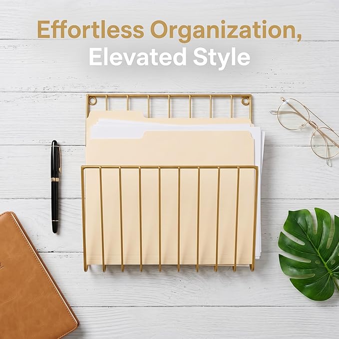Gold Wall Mounted Magazine Rack and File Holder, A Sturdy Iron Organizer for Mail, Letters, Folders, and Papers,Decorative for Home Office or Study Room