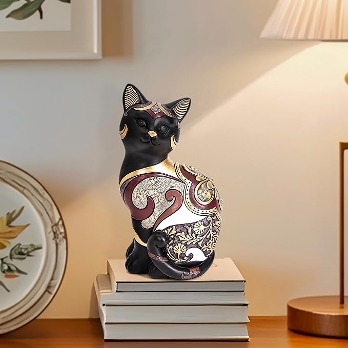 Black Cat Statue Home Decor Accent Boho Cat Figurines and Sculptures for Living Room Bedroom Shelf Office Table, Cats Art Decoration Vintage Matt Animals Gift for Cats Lovers, Woman Mom