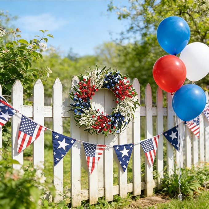 TEMPUS 24 Inch Artificial Wheat Wreath for Front Door, Handcrafted Red White Blue Patriotic Wreath with Willow Leaves, Americana Decor for Memorial Day, 4th of July, Independence Day, Summer Holiday