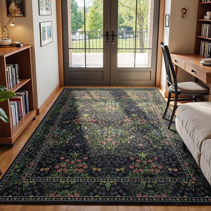 Lessymo Living Room Rug 5x7, Soft Non Slip Washable Area Rugs for Bed Room Dining Room, Faux Wool Boho Low Pile Stain Resistance Distressed Retro Indoor Boho Carpet, Dark Green