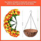 Artificial Hanging Flowers with Basket, Faux Silk Petunias Flower Arrangement, Coconut Lining with Morning Glories Fake Plants Patio Garden Porch Deck Fall Decor(Orange Yellow)
