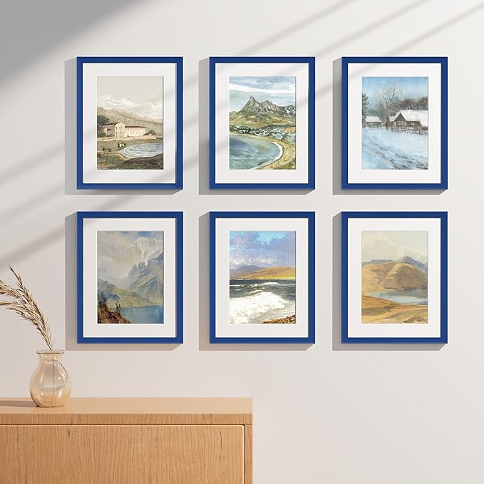 Vittanly 11x14 Picture Frames Set of 9, Shatter Resistant Plexiglass, Display 8x10 Pictures with Mat or 11x14 without Mat, Photo Frames for Wall or Tabletop, Engineered Wood, Blue