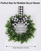 6 Pcs 9" Mini Eucalyptus Wreaths for Kitchen Cabinets, Small Farmhouse Greenery Wreath with Buffalo Check Bow, Realistic Boxwood Leaf Window Indoor Outdoor Decor, UV Protected