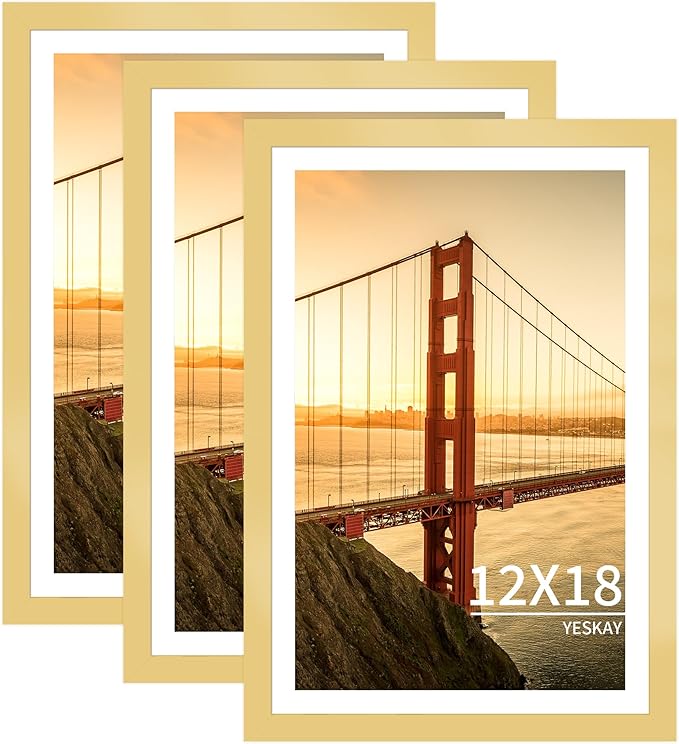 12x18 Picture Frame 3 Pack - Gold Poster Frame Display Pictures 11x17 with Mat or 12 x 18 Without Mat for Wall Hanging Horizontal and Vertical