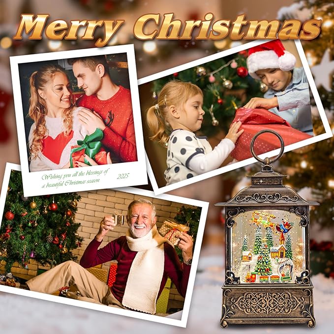 Snow Globe, Santa Snow Globe Christmas Tree, Lighted Musical Decorations Lantern,Village Houses, Train Battery, Reindeer, USB or Battery Operated，Gifts for Men and Kids.