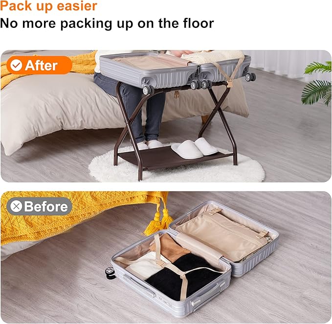 Heybly Luggage Rack for Guest Room, Pack of 2, Steel Folding Suitcase Stand with Storage Shelf for Bedroom, Hotel, Foldable Steel Frame, Guest Room 26.2" L x 14.4" W x 20.5" H, Brown HLR004Z2