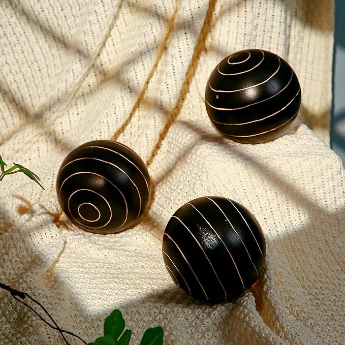 Decorative Orbs for Bowls and Vases, Circle Pattern, 4 inch Resin Round Sphere Balls, Set of 3, Living Room Coffee Table Centerpiece