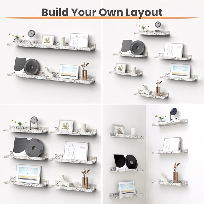 upsimples Floating Shelves for Wall, Wall Shelves for Decor Storage Set of 6, Wall Mounted Wood Shelf for Bedroom, Living Room, Bathroom, Kitchen, Picture Ledge Shelf, Rustic White