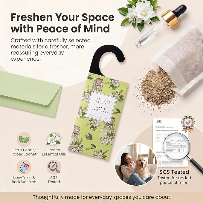 ROSE COTTAGE Large 12 Packs White Gardenia Hanging Closet Deodorizer Air Freshener Long Lasting Scented Sachets Smell Goods for House