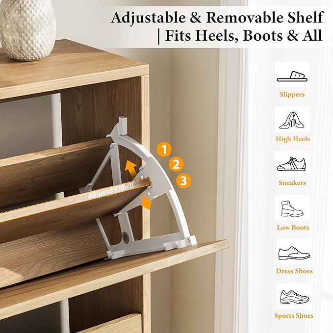 Nicetree Arch-Chic Shoe Cabinet for Entryway, Modern Mid-Century Shoe Storage Cabinet with Fluted, Narrow Shoe Rack for Entryway with Adjustable Shelves & Tipping Protection,Light Oak