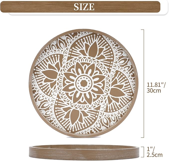 Hanobe Round Decorative Tray for Table: Boho Coffee Table Trays for Home Decor - Mid Century Farmhouse Circle Wood Serving Rustic Bohemian for Kitchen Counter Women