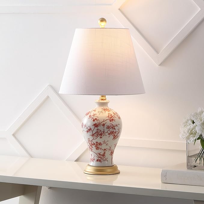 JONATHAN Y 24" White/Red French Country Ceramic Floral Urn Table Lamp, White Linen Shade, Chinoiserie Ginger Jar Bedside Lamp for Living Room Bedroom, LED Bulb (JYL3009C)