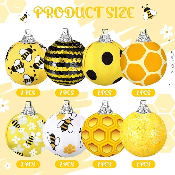 Zeyune 16 Pcs Summer Tree Ornaments Bee Decoration for Small Tree 1.6 Inch Spring Hanging Sequin Balls Ornaments Glitter Hanging Honeycomb Balls Decor for Summer Holiday Party