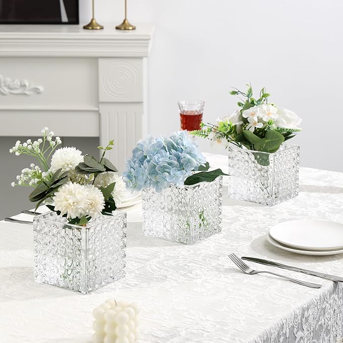 Square Vases Set of 6, 5" x 5" x 5" Square Glass Vases for Flowers, Clear Flower Vase for Centerpieces, Small Bubble Vase for Wedding, Party, Home, Office, Parties, Events