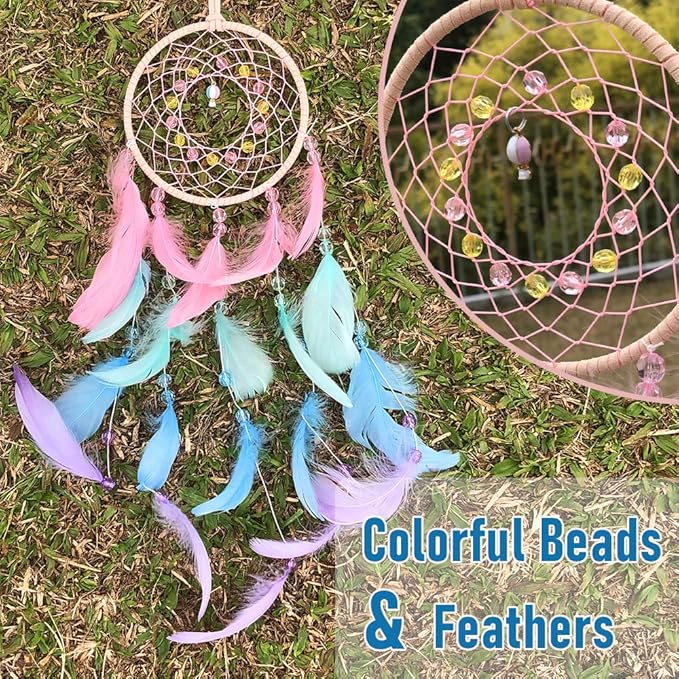 AWLEE Colorful Dream Catchers, Handmade Feather Native American Circular Net for Kids Boys Girls Bedroom Wall Hanging Decoration Decor Nursery Wall Art Ornament Craft