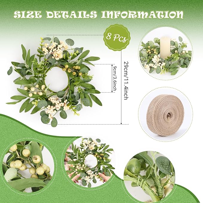8 Pcs Green Eucalyptus Wreaths for Pillars Spring Summer Kitchen Cabinet Swag Wreaths Mini Green Berry Leaves Wreath with Ribbon for Front Door Porch Wall Window Farmhouse Decoration