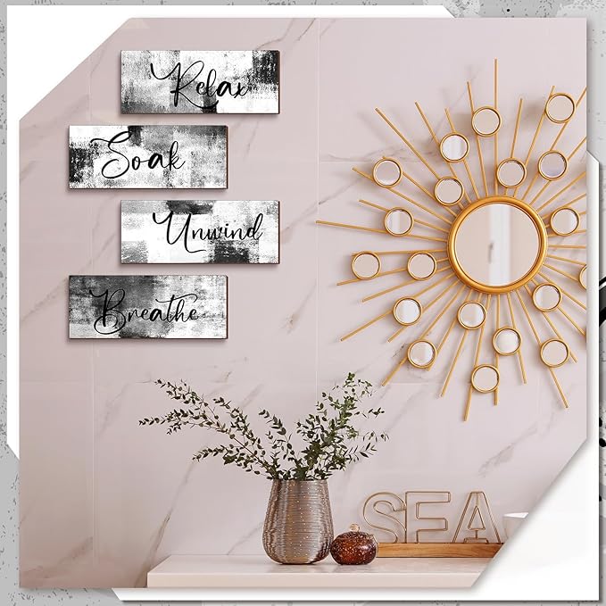 Maitys 4 Pcs Bathroom Wall Decor 10 x 4 Inch Bathroom Wall Art Contemporary Wood Restroom Pictures for Soak Unwind Relax Hanging Sign Spa Rustic Vintage Farmhouse Pediments(Black and White)
