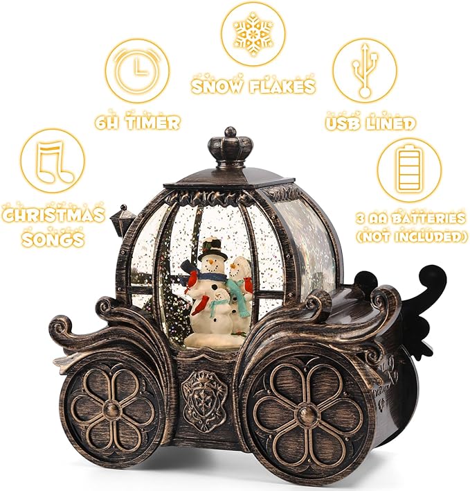 Snowman Sled Car Christmas Snow Globe Lantern-Glittering Light Up Musical Snow Globe Christmas Decorations, 6H Timer, USB & Battery Operated, Snowman Sled Car Indoor Home Décor