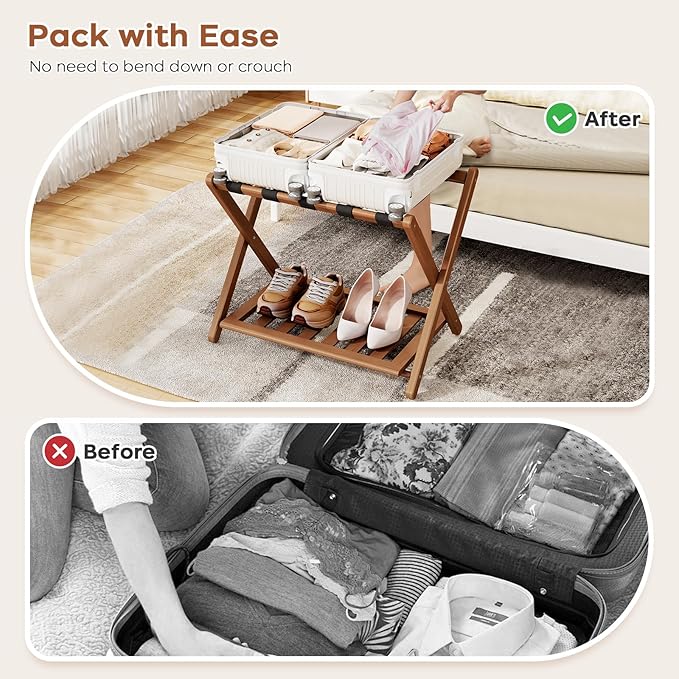 Full Assembled 26.77" L Luggage Rack Set of 2 - Luggage Stand for Guest Room, Foldable Suitcase Stand with Shoe Shelf, Luggage Holder for Bedroom, Hotel (Walnut Bamboo Suitcase Holders)
